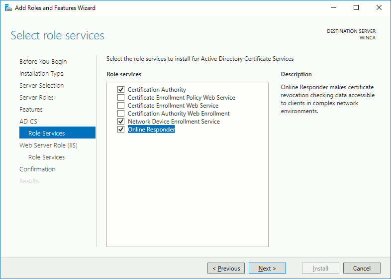 'Select role services' window (Windows 2016)